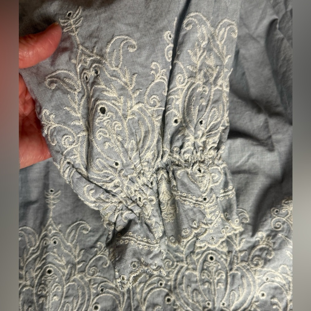 Stitch by Chenault Bluish Gray Romantic Off-Shoulder Lace Trim Boho Top - Size L - Picture 7 of 9